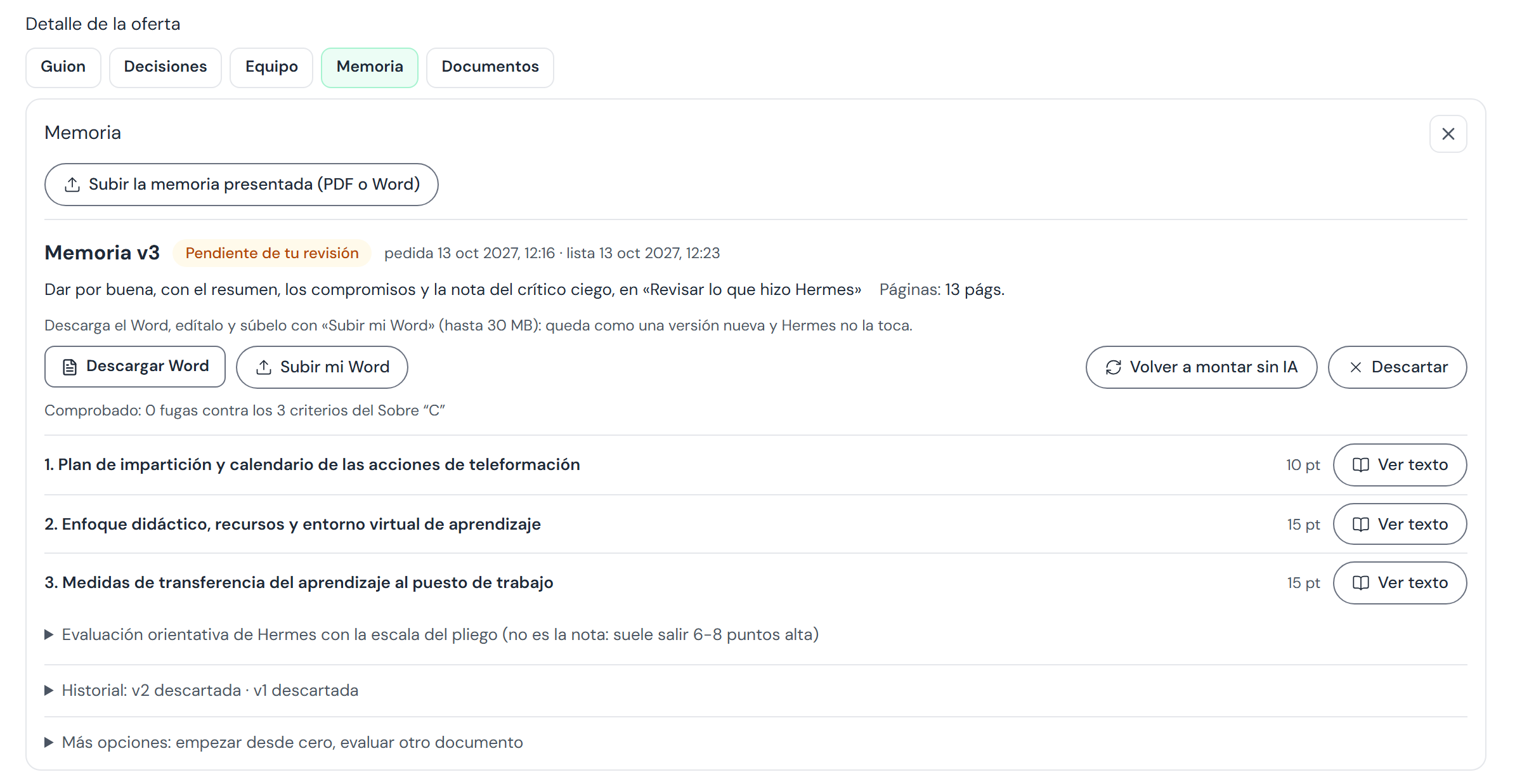 La oferta de una licitación ficticia con los cuatro pasos y su estado
